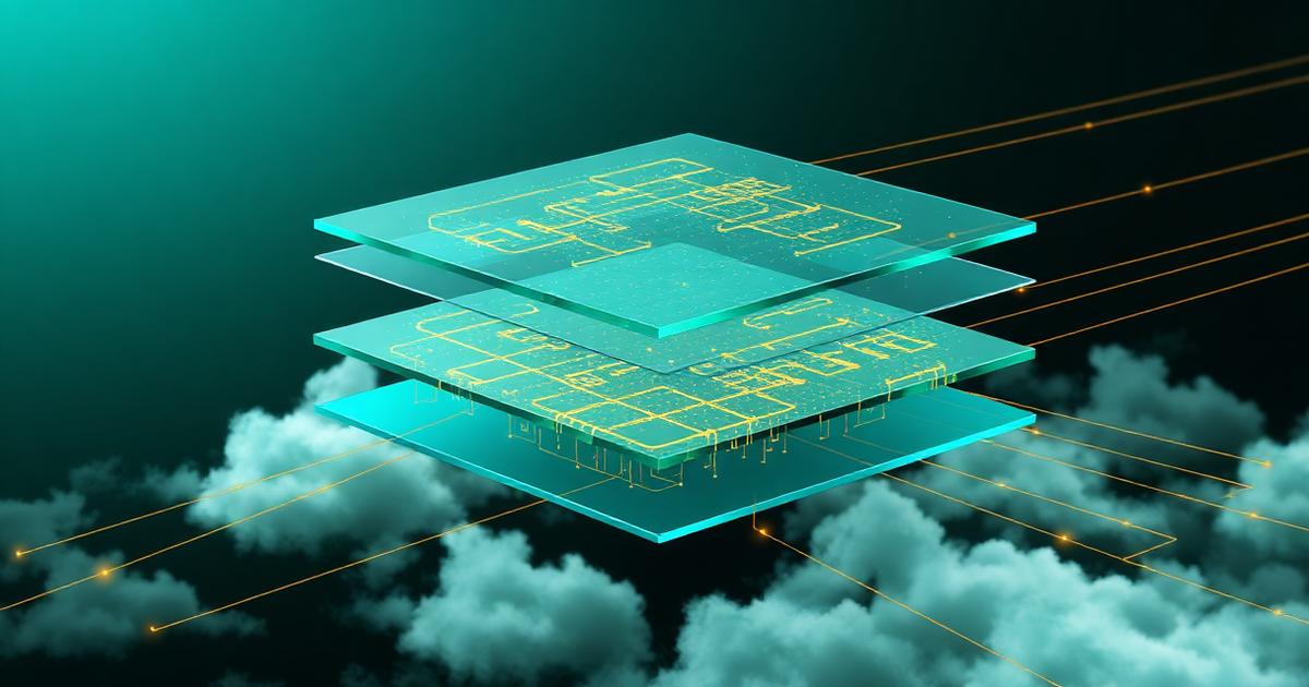 Layered translucent platform planes connected by routing lines above clouds