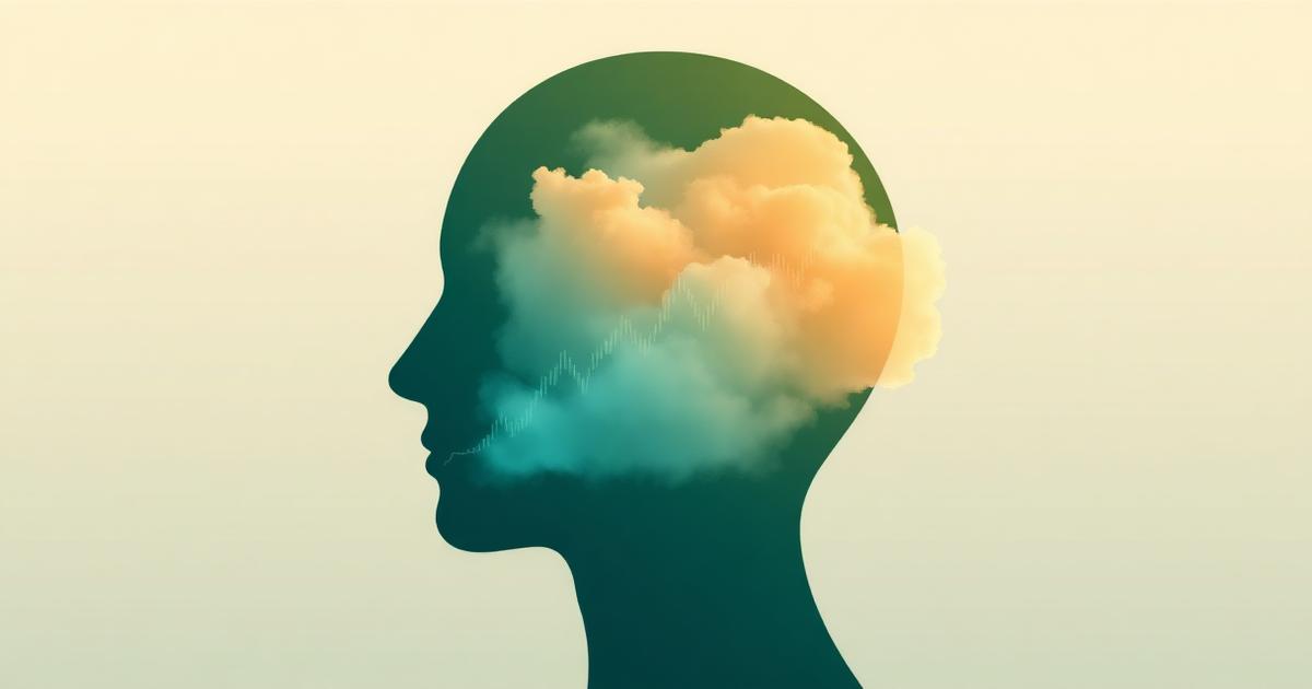 Cloud-filled silhouette head with faint chart lines representing trading psychology
