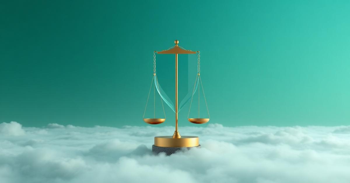 Glass shield and balance scale above a calm cloud layer representing trading risk management